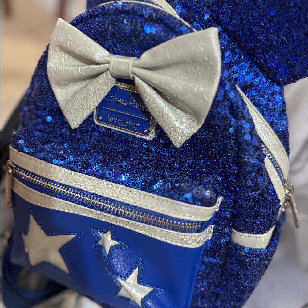 Loungefly Kids Blue Sequin Minnie Ear Backpack with White Bow and Star Accents
